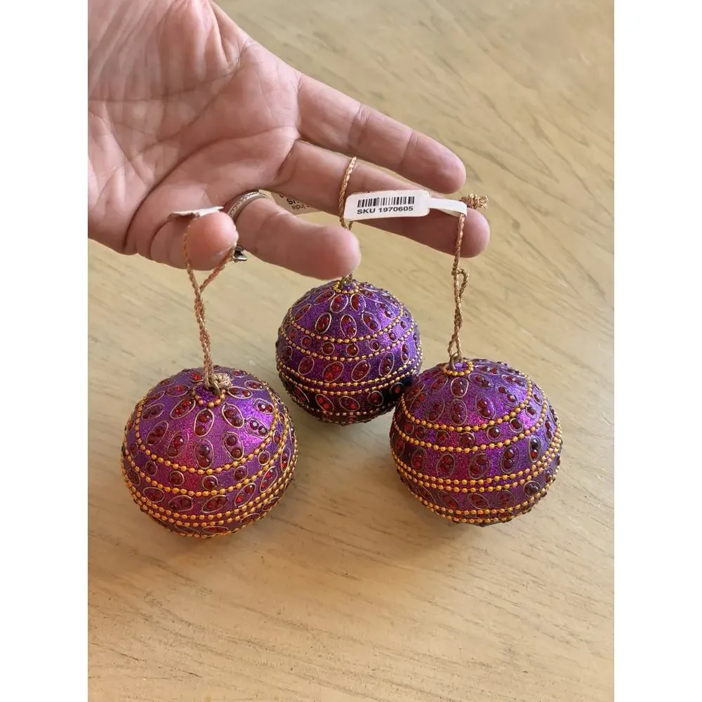 NWT Pier 1 Purple Jeweled Beaded Xmas Ornaments GEMS Gold Mardi Gras VTG Lot 3